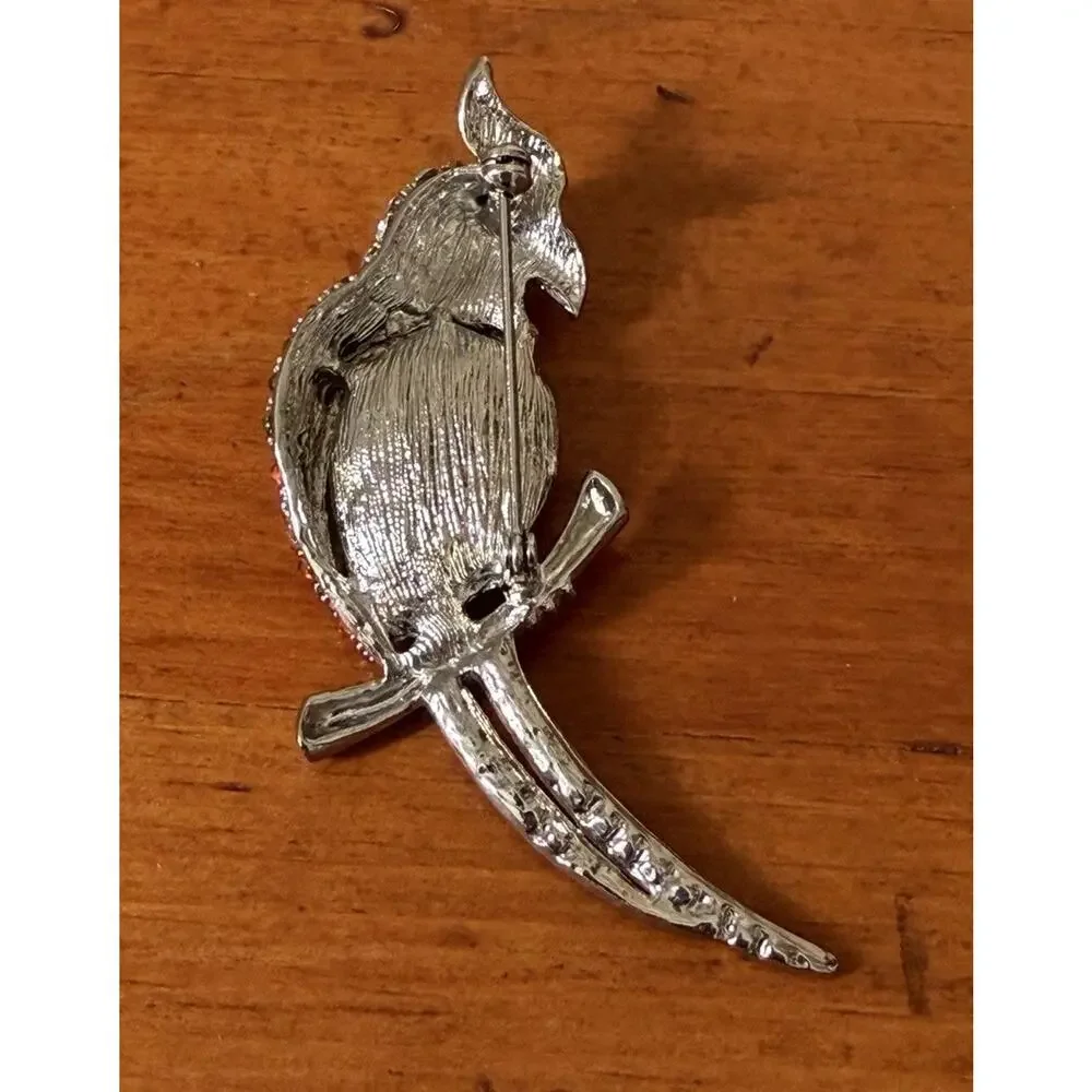 Crystal Parrot Silver Tone Brooch Multicolor Crystal Rhinestones Tropical Bird